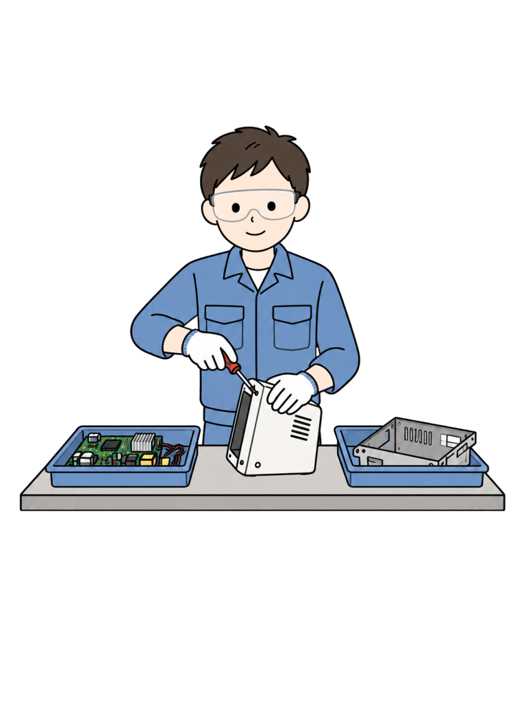 Recycling worker disassembling small electronics