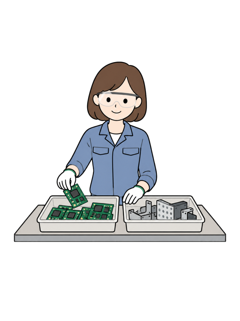 Recycling worker sorting circuit boards and metal parts