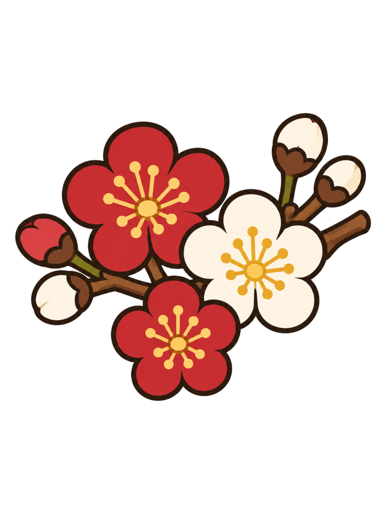 枝に紅白の梅の花とつぼみが付いた、単体の花飾り。