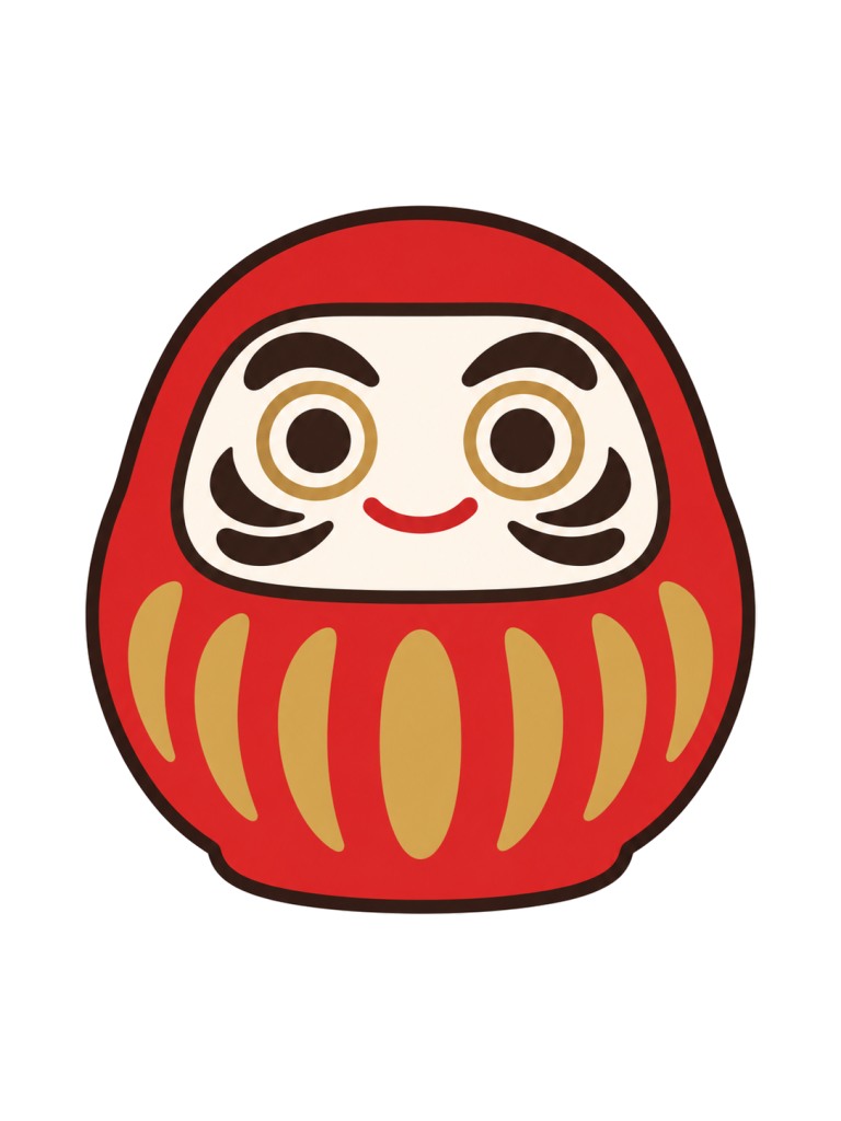 両目が描かれた白い顔と金色の腹部模様を持つ、赤いだるま。