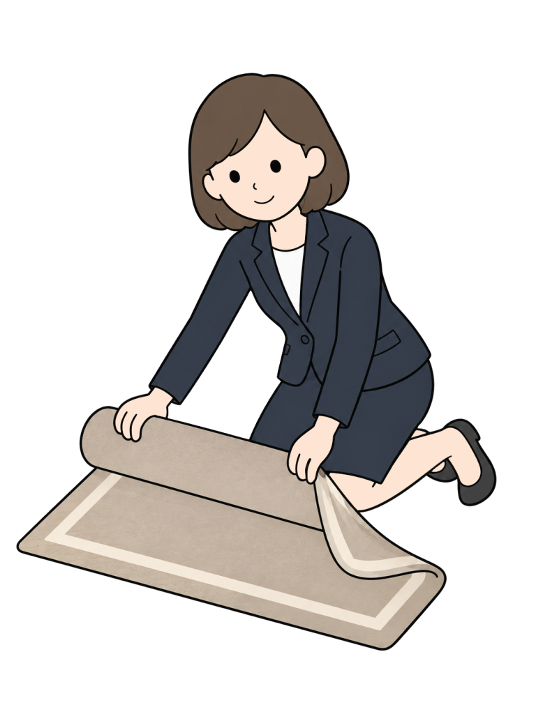 A kneeling woman rolls up a rug with a curled corner using both hands.