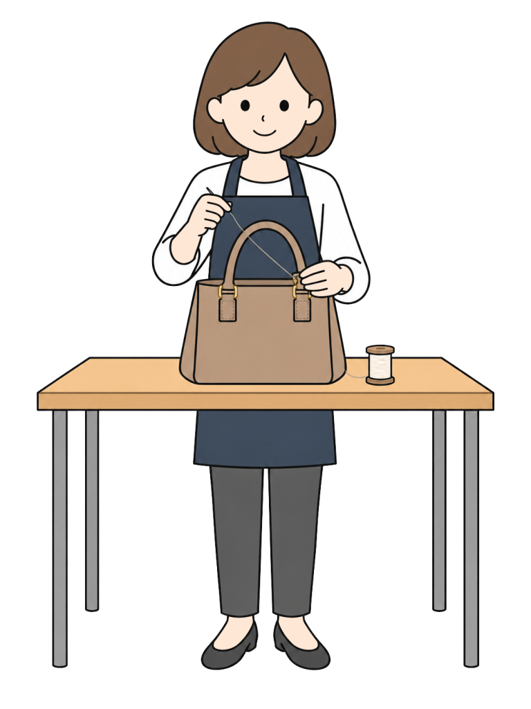 エプロン姿の女性が茶色いハンドバッグの持ち手の付け根を針と糸で縫い直している。