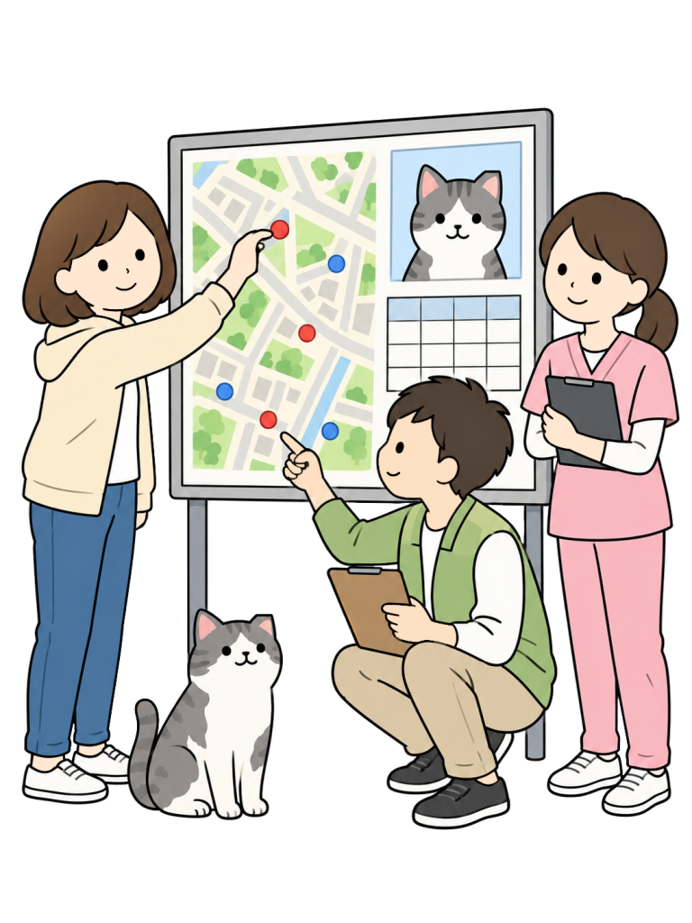 Two women and a man gather around a map and schedule, placing a marker and pointing to the materials, with a cat nearby.