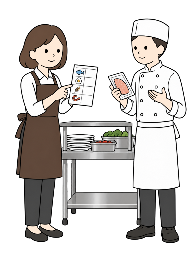 A female server shows a food-information sheet to a male chef holding packaged fish, with a serving pass between them.