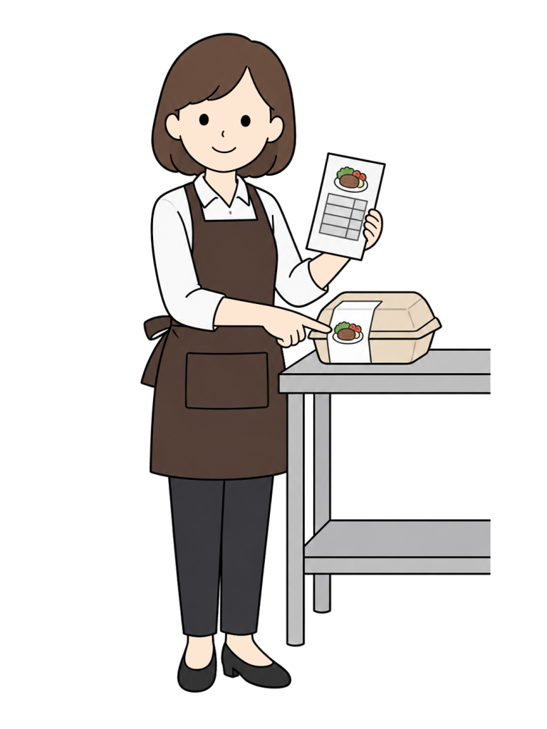 A staff member points to a pictogram tag on a closed meal container while comparing it with a matching picture on a held check sheet.
