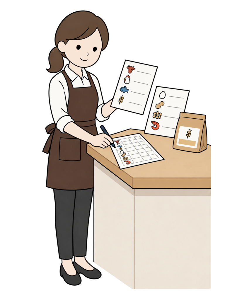 A woman in an apron consults sheets with food pictograms while using a pen to fill in a separate information chart.