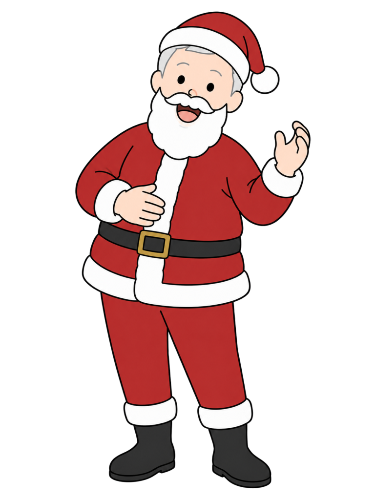 Santa Claus laughs with an open mouth, one hand on his belly and the other raised.