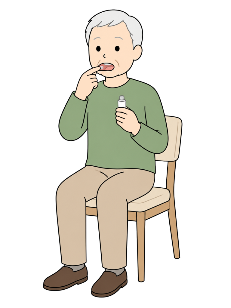 An older man sits on a chair, holds a small tube and applies a small amount of gel to his mouth with a fingertip.