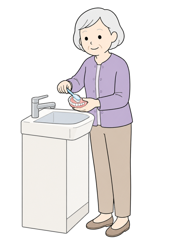Senior cleaning dentures with a denture brush