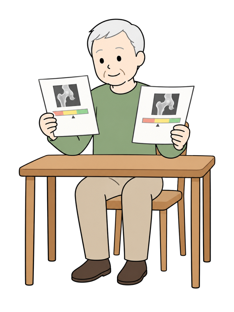 高齢男性が机の前に座り、股関節の画像と色付きの棒がある2枚の検査資料を両手に持って見比べている。