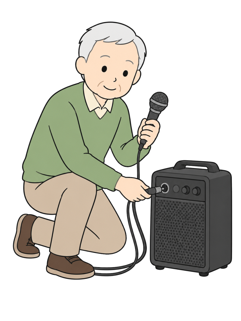 Senior preparing audio equipment for a community event