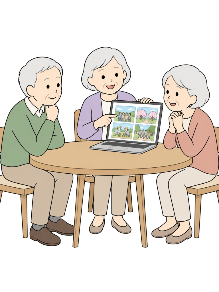Senior presenting community activity results on a computer