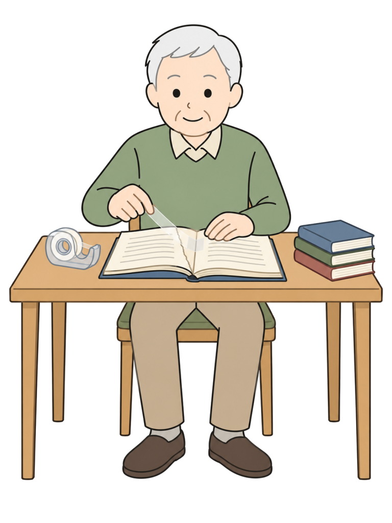 A senior man applies repair tape to a torn page of an open book, with tape and other books on the table.
