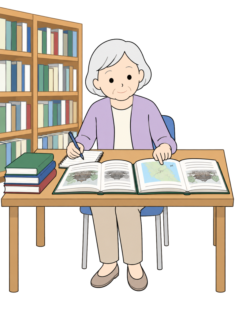 Senior researching local history at a library