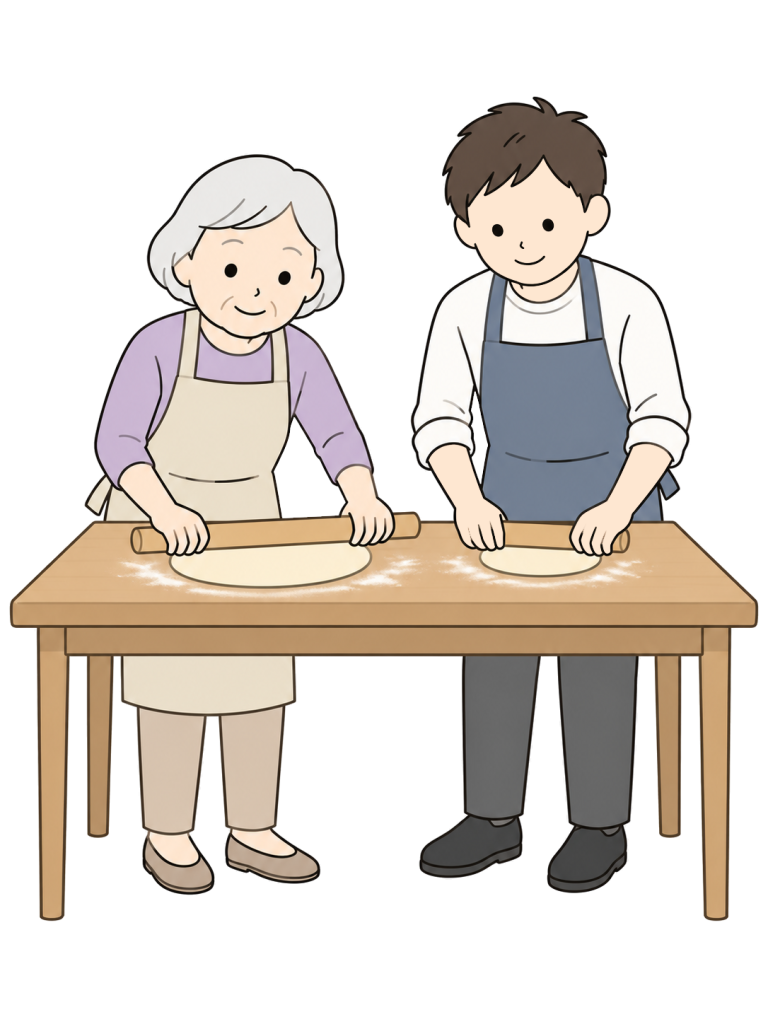 Senior teaching a family member to make handmade noodles