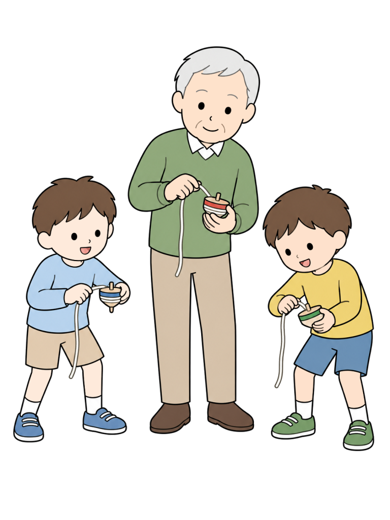 Senior teaching children to spin tops