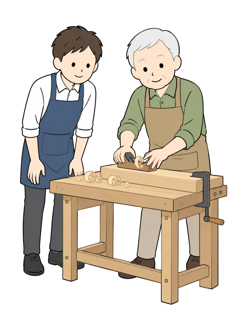 Senior teaching woodworking skills to a young adult
