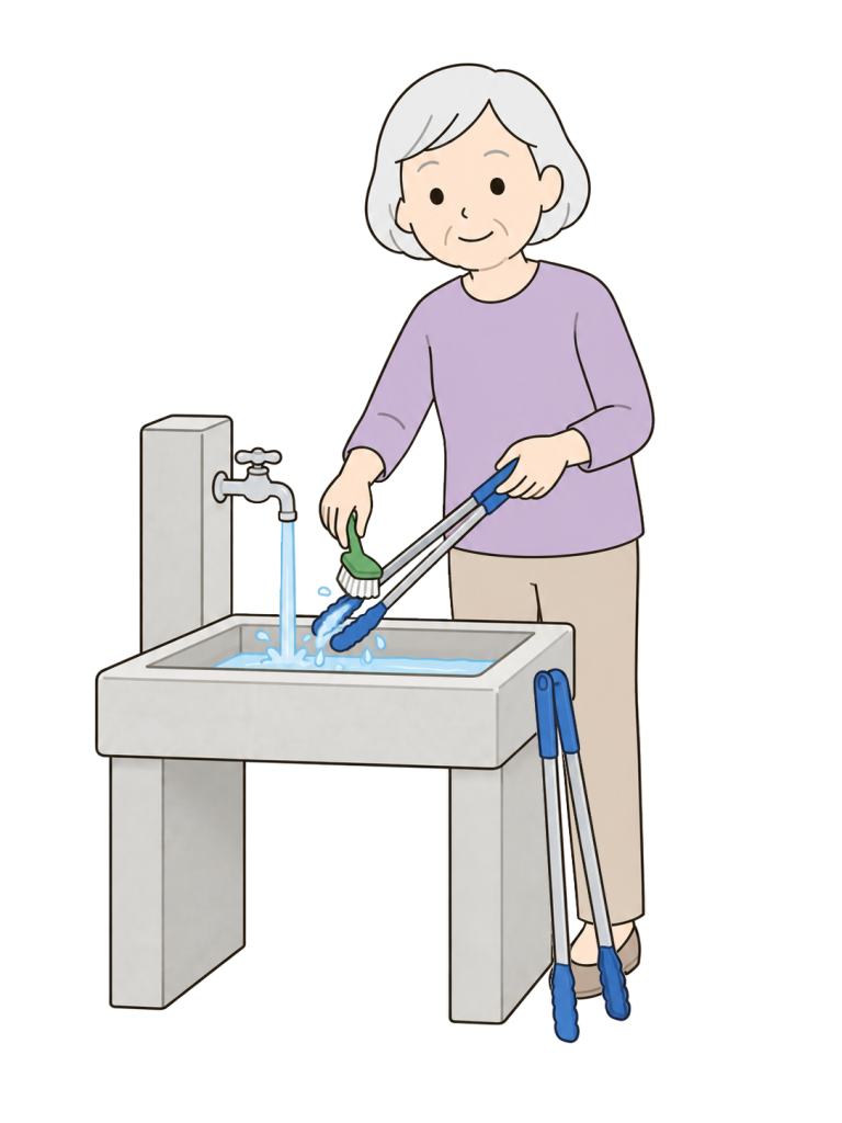 Senior washing and putting away community cleanup tools