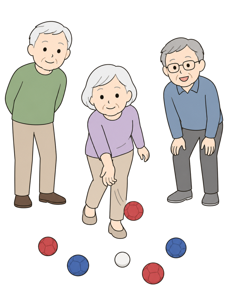 A senior woman throws a red boccia ball toward a white jack while two senior men watch.