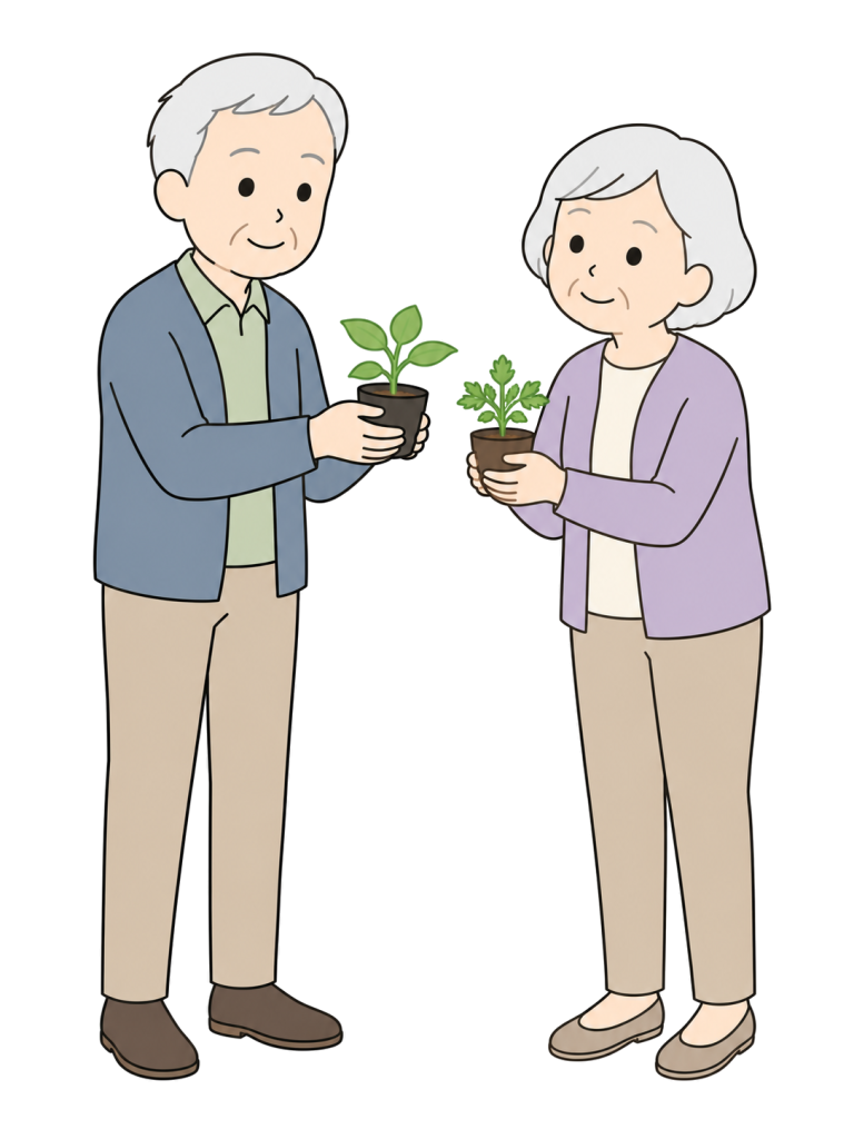 Seniors exchanging seedlings with gardening friends