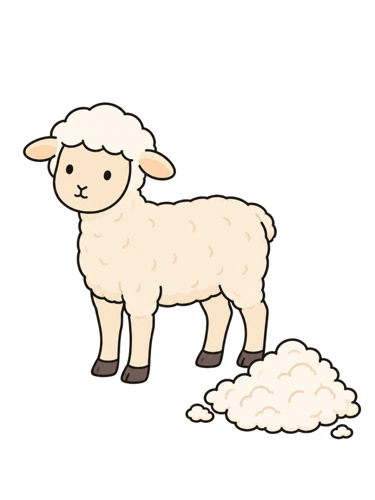 A sheep with short fleece stands beside a pile of shorn wool.