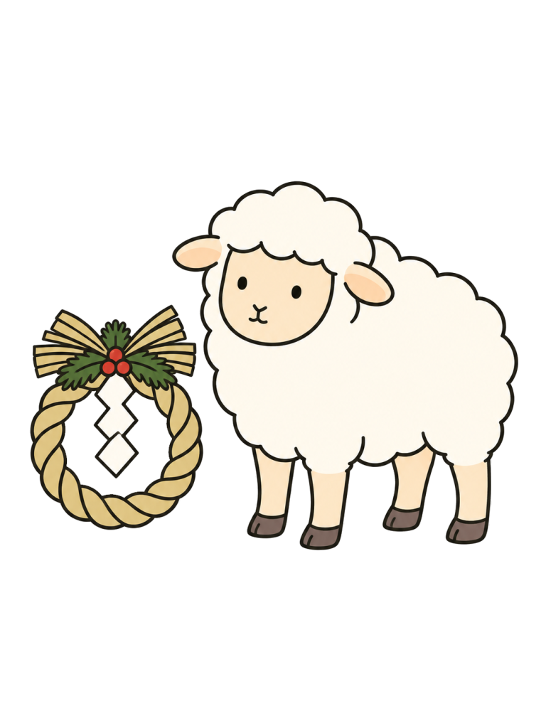 A sheep stands beside a shimenawa decoration.