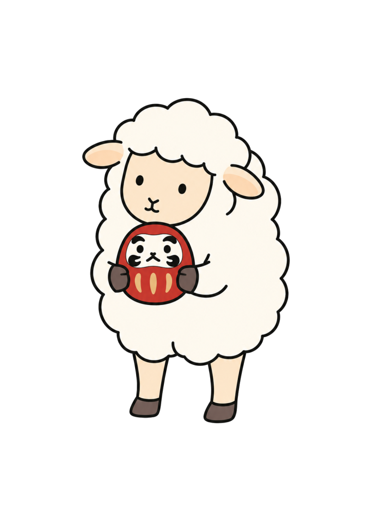 A sheep holds a red daruma doll with its forelegs.