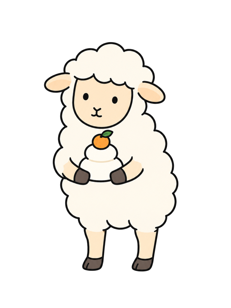 A sheep holds a small kagami mochi with its forelegs.