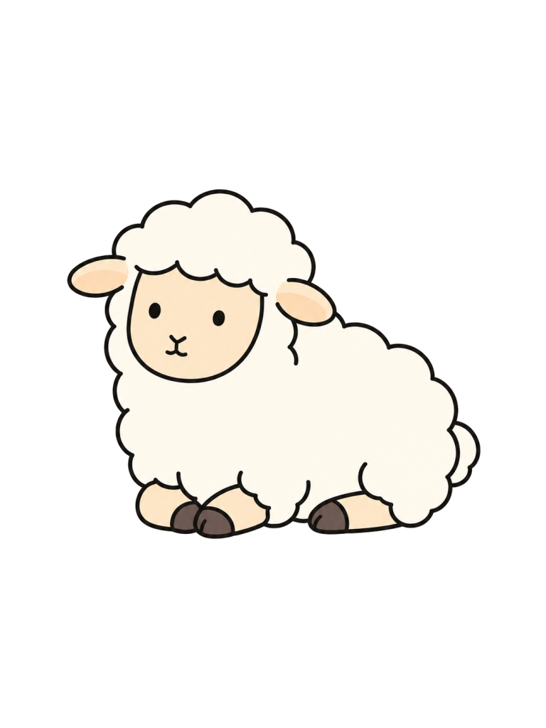 A sheep sits resting with its legs tucked in.
