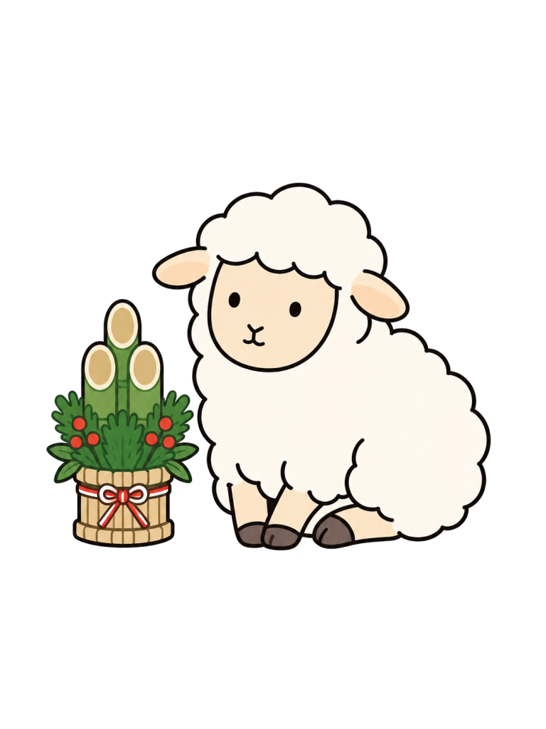A sheep sits beside a kadomatsu New Year decoration.