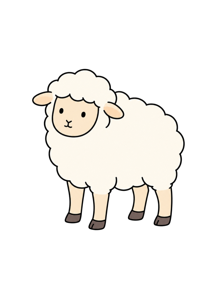 A sheep stands on four legs and faces forward.