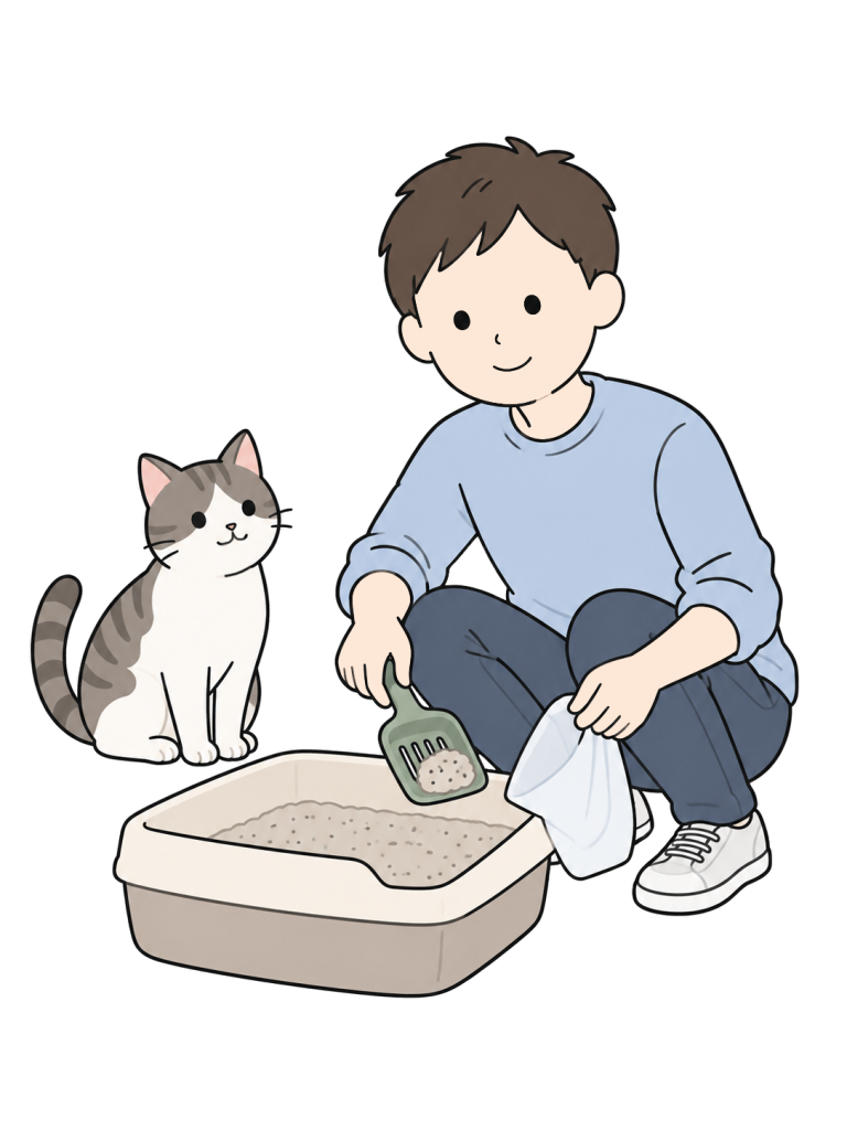 男性スタッフが猫のトイレからスコップで固まった砂を取り除き、そばに袋を用意している。猫はトイレの外にいる。