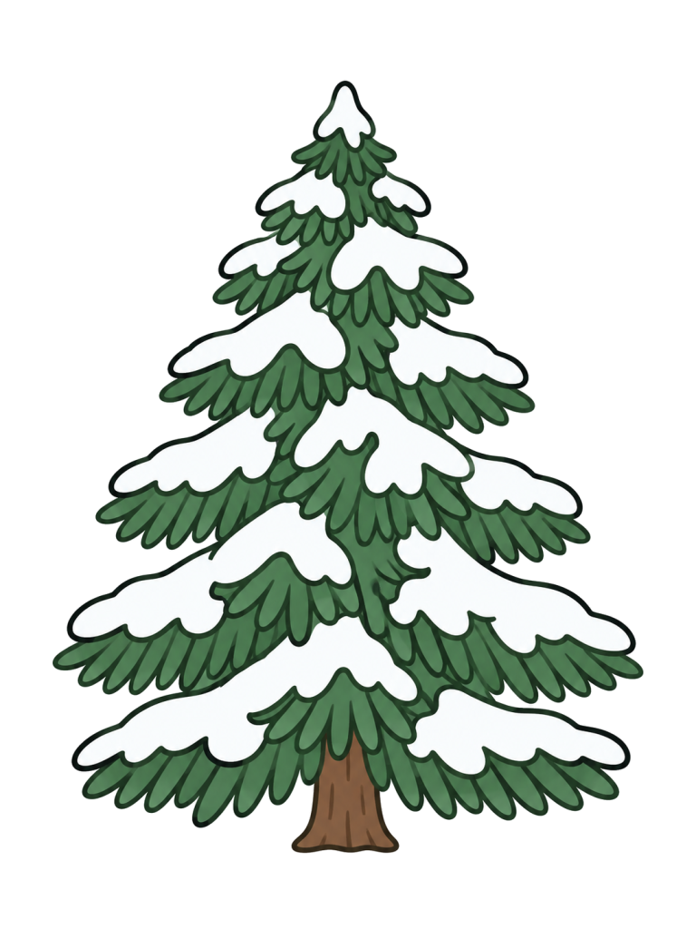 雪を載せたモミの木が1本描かれている。クリスマスの飾りは付いていない。