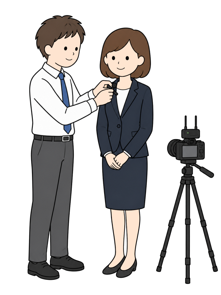 A male staff member attaches a small microphone near a female presenter’s collar beside a tripod-mounted camera with a receiver.