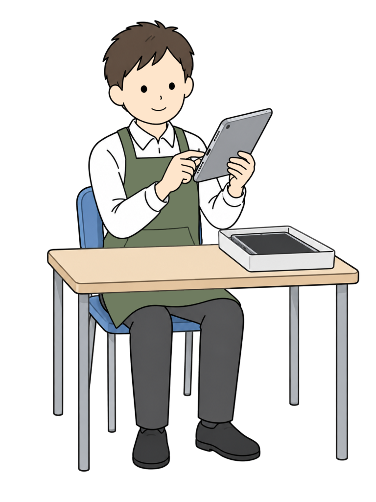 Staff member inspecting a used tablet for resale