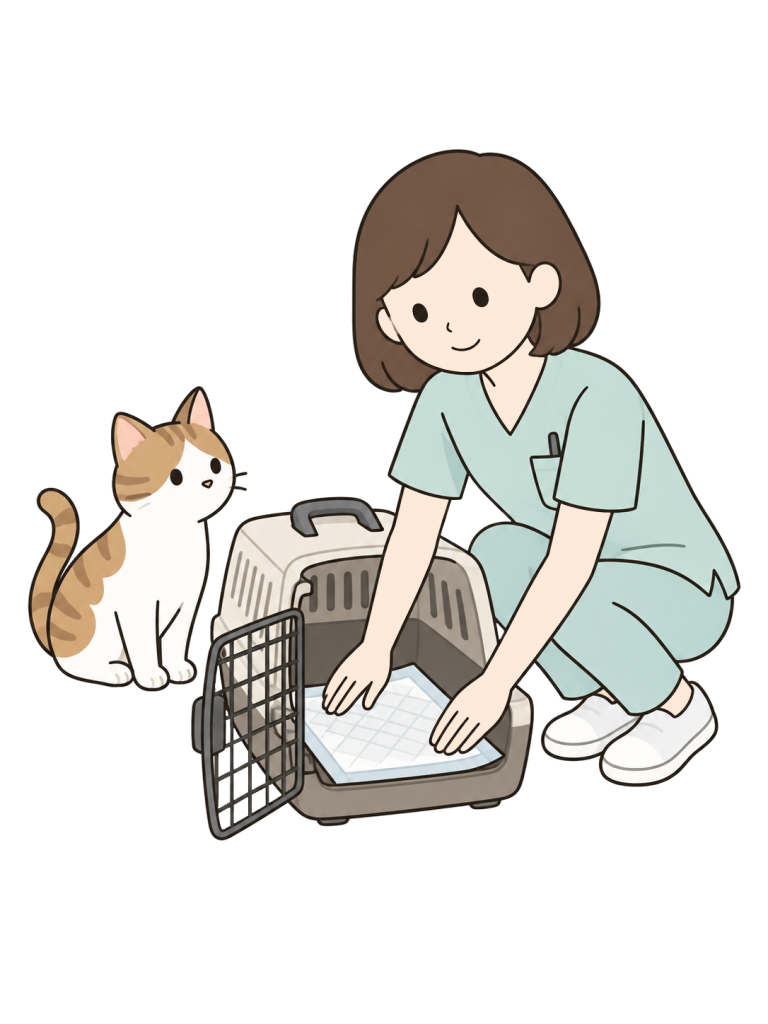 女性スタッフが扉の開いた猫用キャリーの底に白い吸水シートを敷いている。茶白の猫がそばにいる。