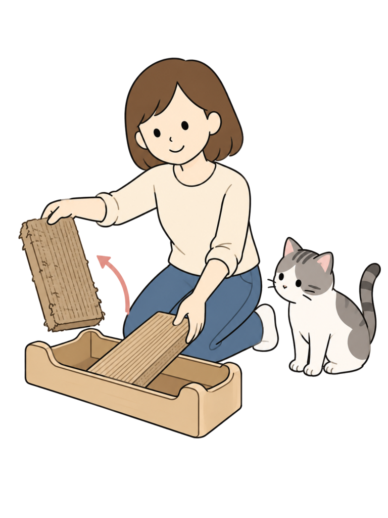 女性スタッフが傷んだ爪とぎを持ち、木製のホルダーに新しい爪とぎを入れている。猫がそばにおり、赤い矢印が描かれている。