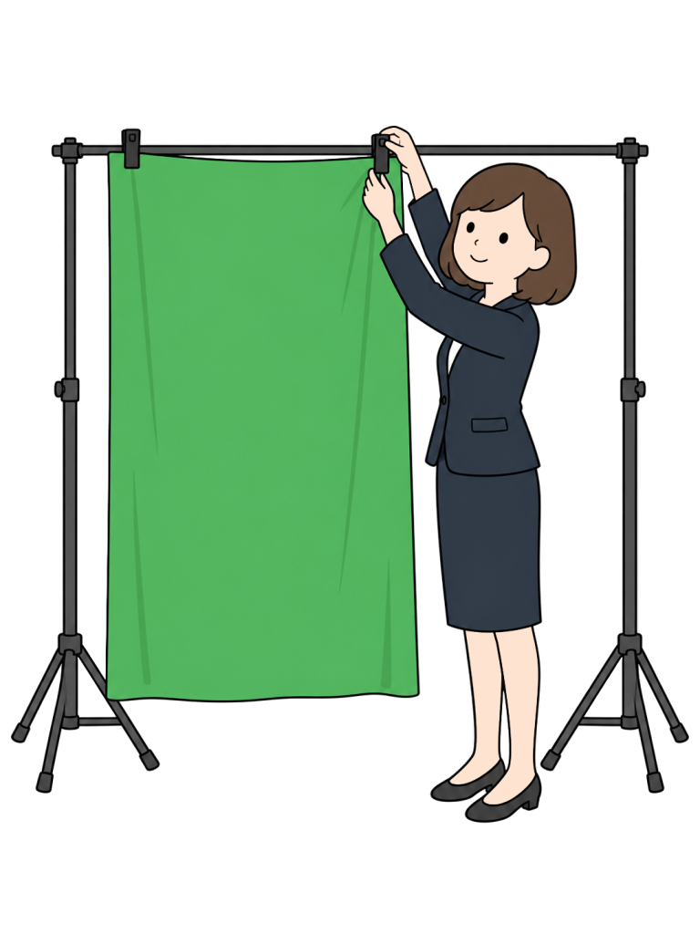 A woman clips green backdrop fabric onto a crossbar supported by two stands.