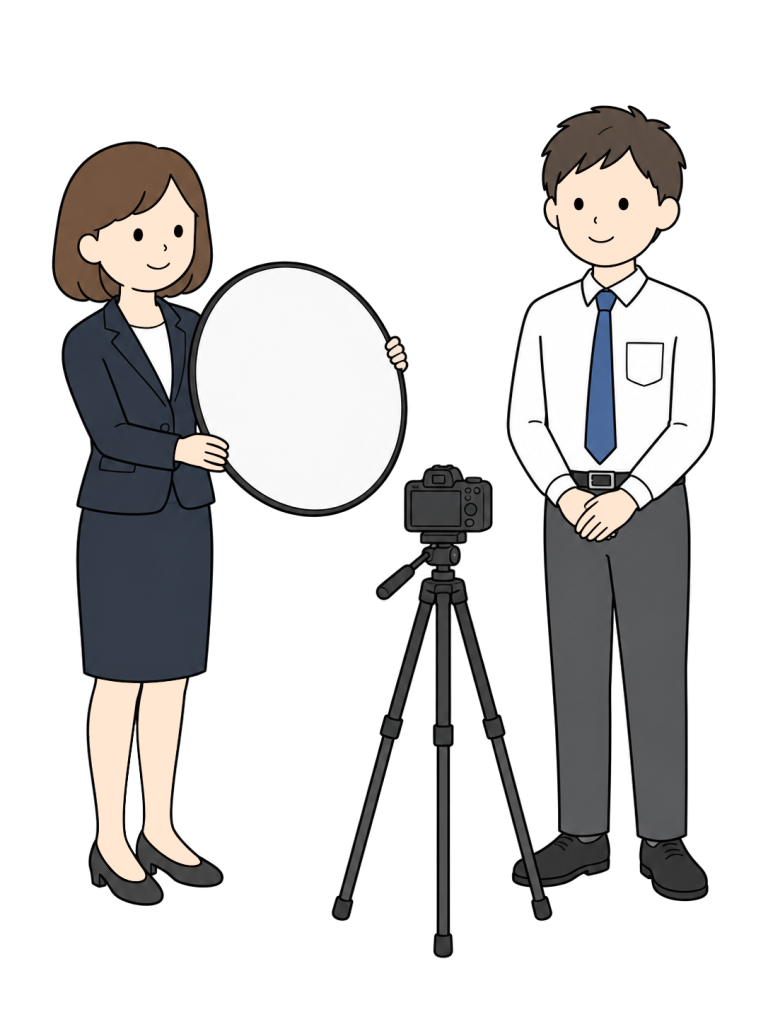 Staff member using a reflector to light a video subject