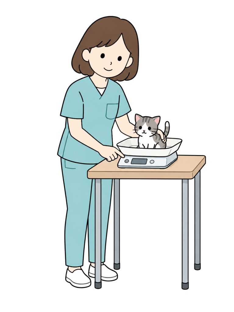 女性スタッフがトレー付きの体重計に乗った子猫に手を添え、測定部を確認している。