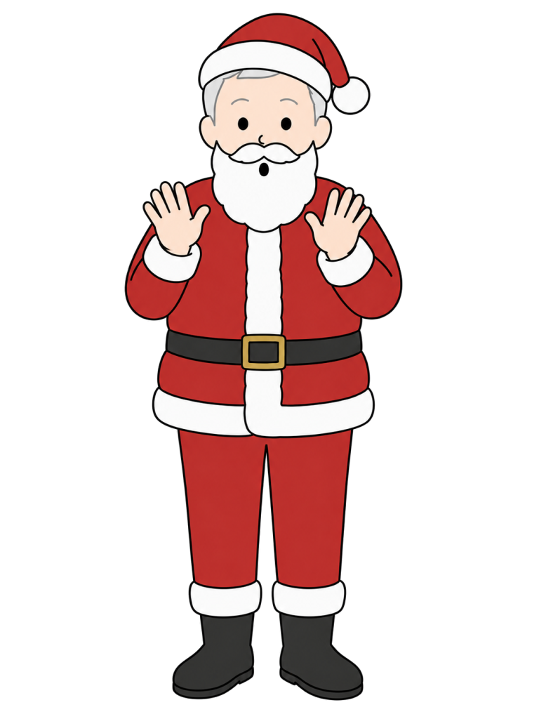 Santa Claus opens his mouth slightly and raises both hands with his palms facing forward.