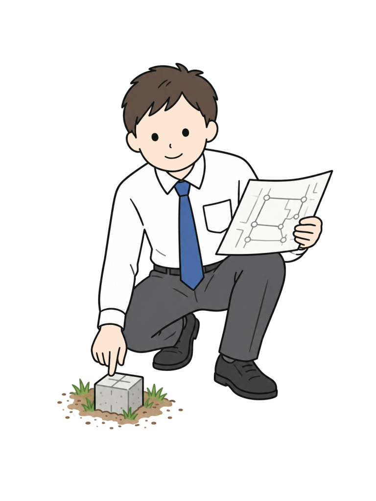 Surveyor checking a boundary marker against a plan