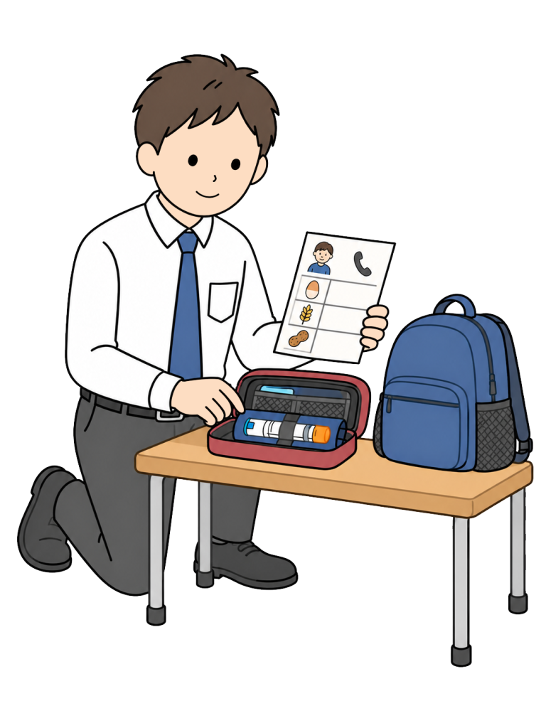 Teacher checking food allergy emergency supplies before a school trip