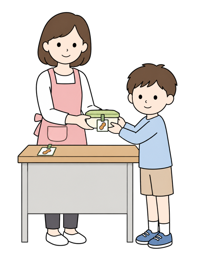 Teacher handing an allergy aware school lunch to a child