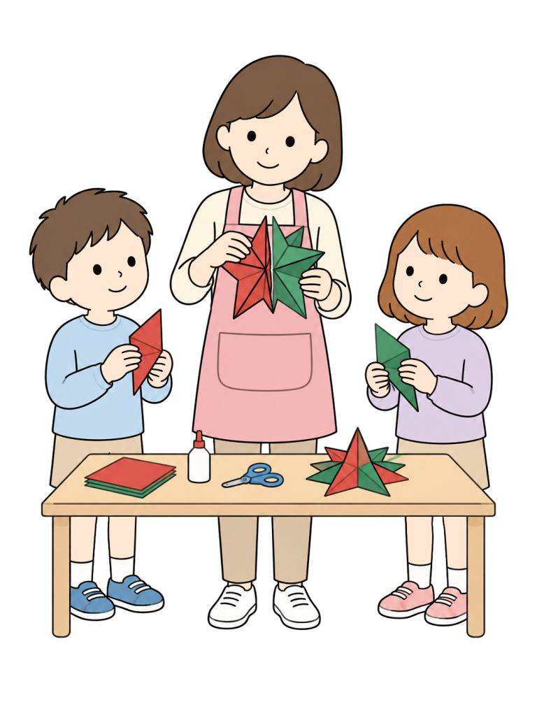 エプロン姿の先生が紙の星飾りを持って示し、男の子と女の子が紙のパーツを持って見ている。