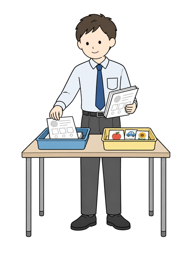 Teacher sorting teaching materials