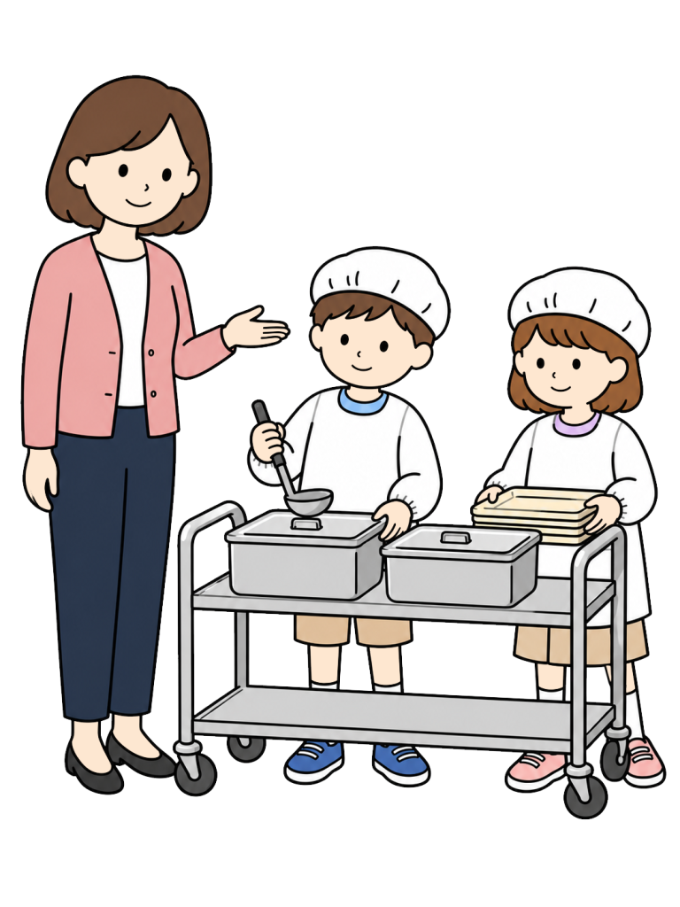 Teacher supervising school lunch preparation
