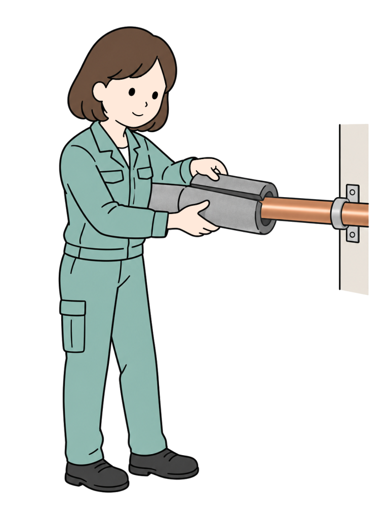 Technician fitting insulation sleeves around hot water pipes