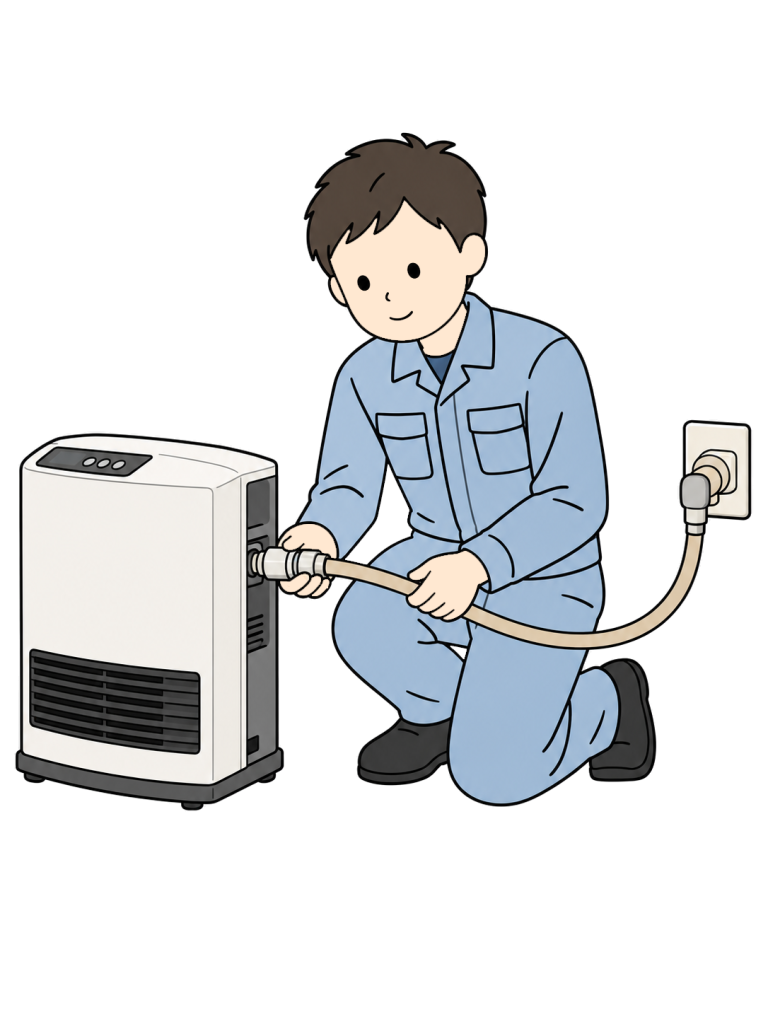 Technician inspecting a gas fan heaters gas hose and connections