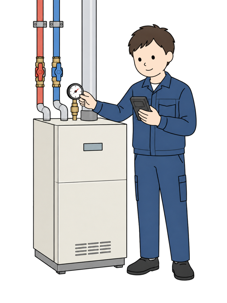 Technician inspecting a heating boiler
